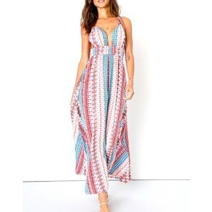 Lulus Maxin' Relaxin' Blue Multi Print Sleeveless Tie-Strap Maxi Dress